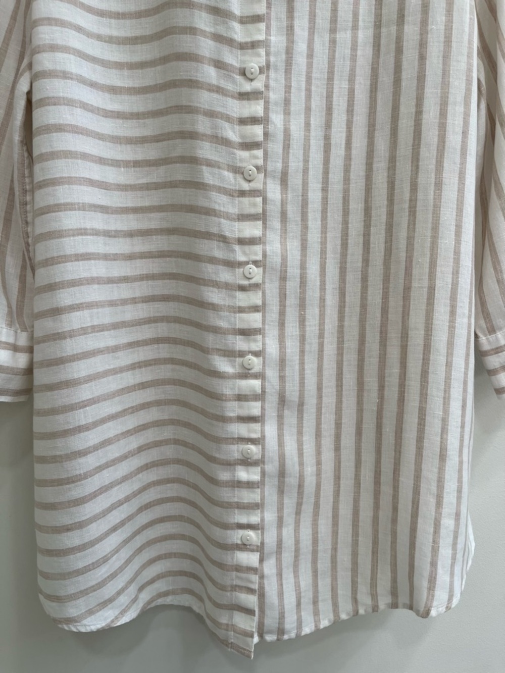 Chico's No-Iron Linen Button Front Shirt tan white stripe 3/4 sleeves 2 12/14 - Picture 9 of 14